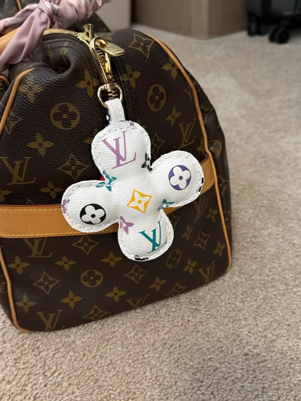 Upcycled LV White Multicolored Monogram Canvas and Leather Flower Keychain/Charm